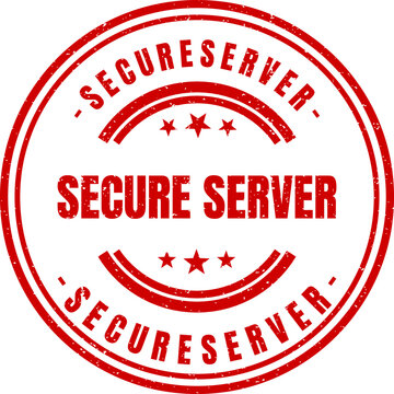 Circular red ink stamp with text secure server and stars for digital safety branding elements