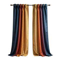 Fototapeta premium Rainbow colored curtains hang in front of a window on a metal rod against white background