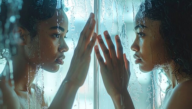 A cinematic closeup of a young woman touching her reflection through wet, steamy glass, symbolizing selfreflection, identity, and emotional depth. Ideal for wellness and mental health themes.