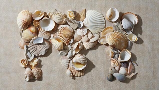 Letter m constructed from a variety of natural seashells placed upon a neutral textured canvas background with alphabet seashells typography decorative creative beachcombing vacation