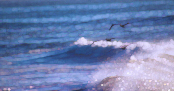 Filtered photo of three sea birds flying over an ocean wave - Backdrop, Background, Border, wallpaper, w/Texture-Deep Blue