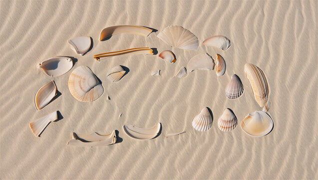 Top view of various sea shells arranged on sandy beach ripples with seashells seashell vacation seashore collection ornament background minimalist tropical wildlife beachcombing