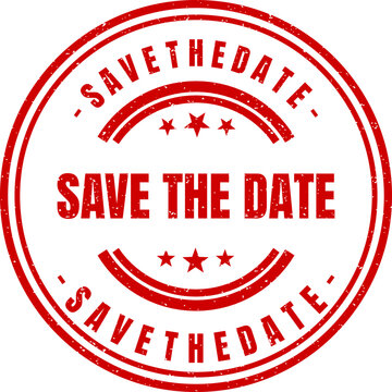 Decorative round red rubber stamp with save the date text and distressed vintage ink style