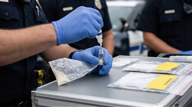 Police officer performing field drug test for illegal substance identification. Law enforcement technician analyzing seized narcotics evidence at scene. Criminal investigation and customs control.