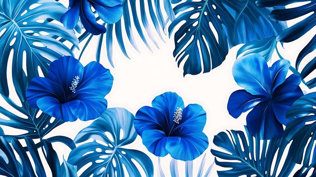 Vibrant blue tropical hibiscus and monstera leaf arrangement on white