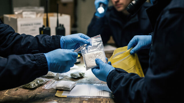 Customs officer examining illegal substance found in seized package. Law enforcement agent handling drug evidence with tweezers and glove. Forensic analysis and narcotics investigation.