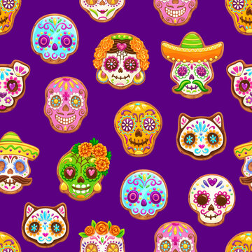 Mexican Dead Day biscuit cookies seamless pattern of decorated Dia de Los Muertos day sugar skulls, cats and faces adorned with floral pattern. Dead Day vector cookie calavera skulls in sombrero