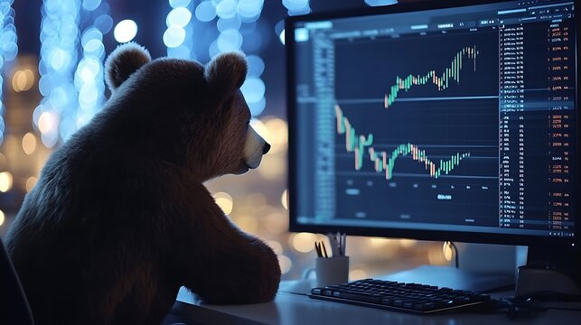 Bear market analysis on computer screen with teddy bear