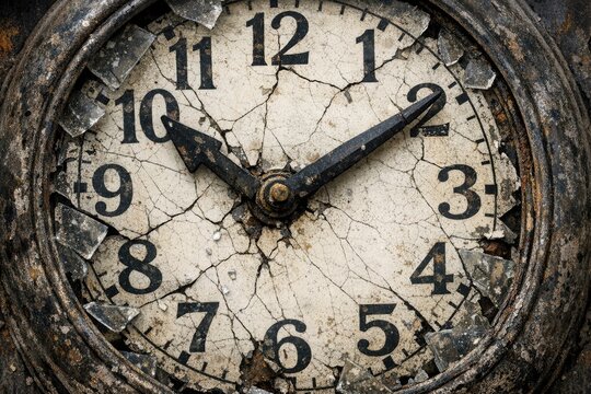 A close-up view of a clock with a cracked face
