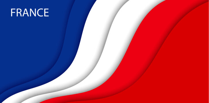 Paper cut flag of France, 3d papercut 14 July national holiday banner. Layered tricolor French flag with flowing blue, white, red waves, evoking pride and celebration for Bastille Day patriotic event