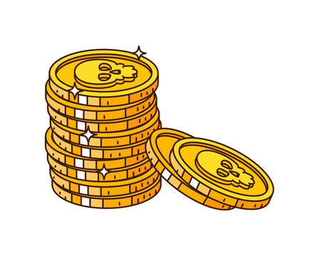 Cartoon pirate gold coins icon featuring tall stacked pile of shiny golden coins with skull engravings and sparkle glint accents. Funky money icon for pirate games, treasure hunt apps or kids party