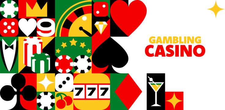 Casino roulette and gambling games banner with mosaic geometric pattern background. Casino geometric pattern of poker cards and gamble chips with dice and wheel of fortune with jackpot 777 spin