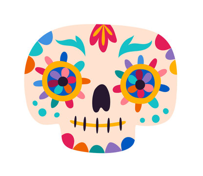 Mexican Day of the Dead cute beige ornate calavera sugar skull. Mexican decoration, Hispanic culture vector skeleton head. Day of the Dead calavera with flower petal eyes, folk patterns and ornaments