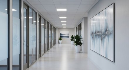 Fototapeta premium Modern corporate hallway features glass partitions and abstract wall art
