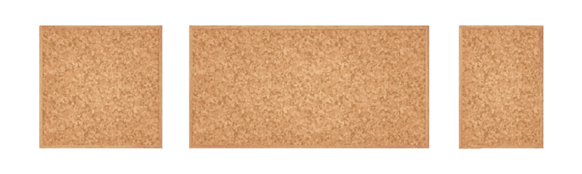 Cork boards, school empty noticeboard frames. School cork board backgrounds, office bulletin wall square and rectangular frames. Announcement or reminder pinboards, memo mat backdrops