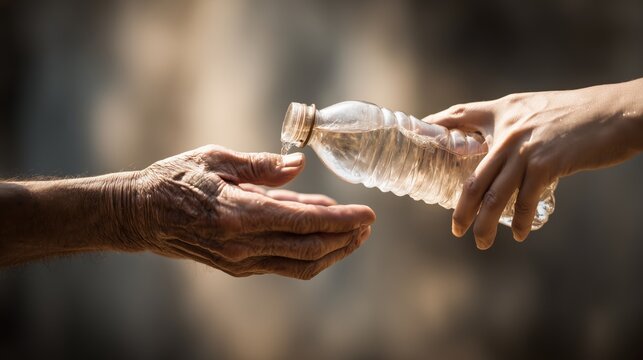Close-up of one hand passing a bottle of water to another. Powerful concept of humanitarian aid, volunteer support, compassion, solidarity, and access to clean water.