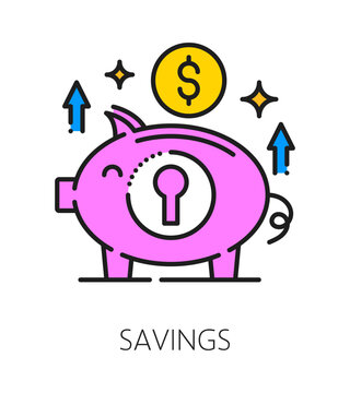 Money saving life skill color line icon or sign. Money saving and budgeting ability outline vector sign, human quality line icon. Personal life skill pictogram with piggybank and dollar golden coin