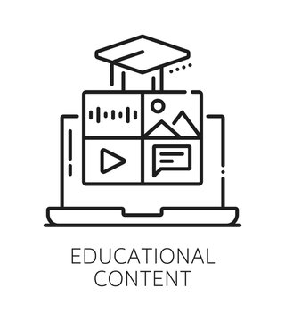 Corporate LMS educational content line icon. Education course innovation linear sign, LMS vector symbol. Corporate training pictogram with laptop, media and content symbols, graduation cap