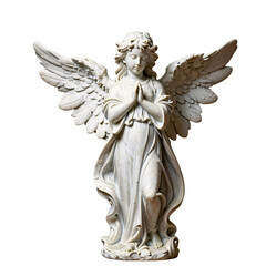 Obraz premium Statue of a praying angel with feathered wings in front of a white background