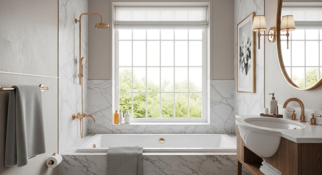 Luxurious bathroom interior features white marble surfaces and polished brass plumbing fixtures