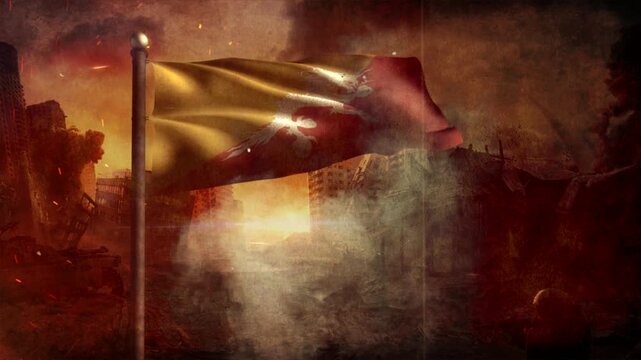 Bhutan Flag with Cinematic Apocalypse Scene and Burning City