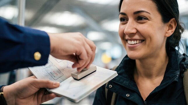 Border control officer stamping passport of a smiling woman at airport. Customs official checking identity and travel documents. International migration, security and legal travel concept.