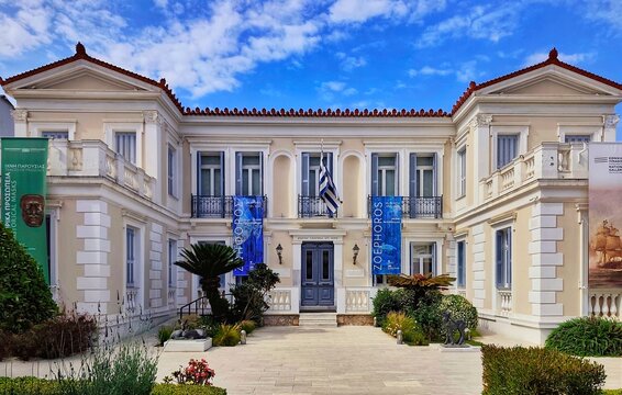 Exterior view of the 1905 neoclassical building that houses the Branch of the National Gallery &ndash; Alexandros Soutsos Museum in Nafplio, Greece.
