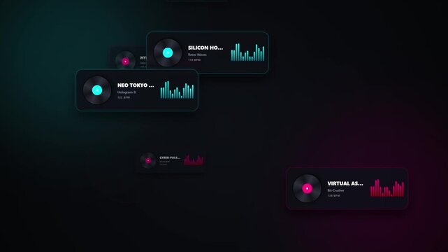 Animated data visualization dashboard with colorful graphs and charts on a dark background showcasing virtual analytics and statistics in motion