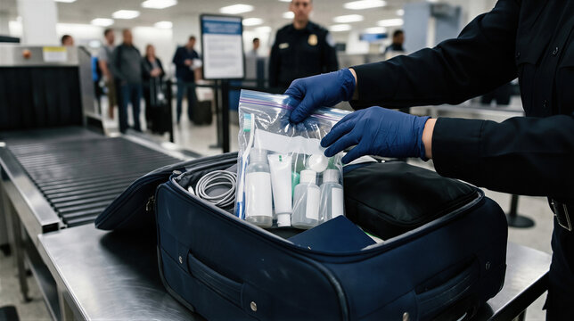 Customs officer inspecting luggage at airport security checkpoint. Woman searching suitcase with contraband or illicit substance. Border control check and illegal smuggling prevention.