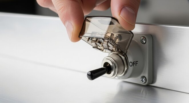 Hand turning off toggle switch on metal panel with clear protective cover. Toggle switch shows OFF position while hand operates mechanism for electrical control.