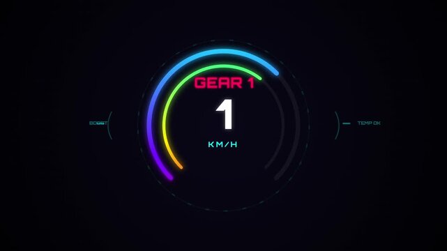 Digital speedometer displays showing gear and speed in kmh on black background with neon lights
