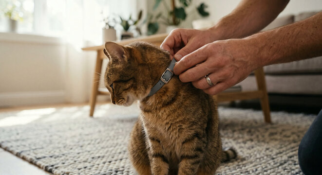 Close-up of a pet owner putting a grey flea and tick collar on a domestic tabby cat at home