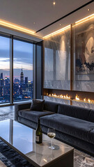 Obraz premium An elegant, highend penthouse living room featuring a cozy modern fireplace, a plush velvet sofa, and fine wine, with breathtaking views of a glittering city skyline at dusk.