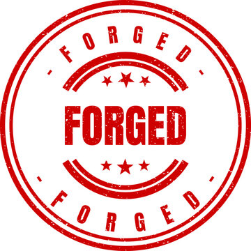 Red round rubber stamp showing the text forged with a grunge texture effect for documentation