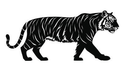 Obraz premium Tiger silhouette displays a bold black and white contrast with sharp, defined textures that highlight the powerful movement of this majestic predator walking across a clean, minimalist background.