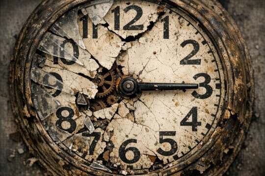 A worn-out clock with its face cracked and hanging, likely from age or neglect