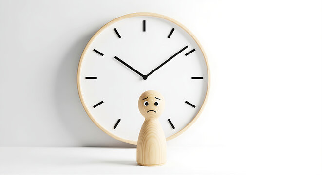 Workplace stress and time management anxiety concept with sad wooden figure and big wall clock with copy space for mental health blog banner