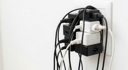 Obraz premium Disorganized power strips and tangled cords on white wall creates chaotic charging station environment. Power strips feature multiple plugs and cables creating cluttered appearance.
