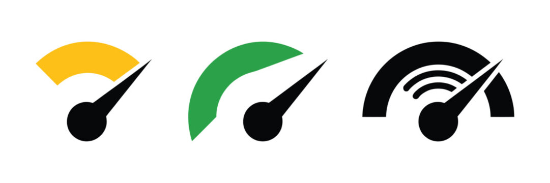 Speedometer Icons Vector Collection Showing Speed Indicators, Performance Gauges, Tachometer Meters, and Fast Internet Concept Symbols