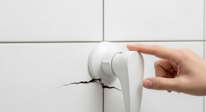 Repairing wall crack with adhesive on white tiles, finger applying adhesive to damaged area on surface. Wall repair includes pressing adhesive for strengthening and sealing,