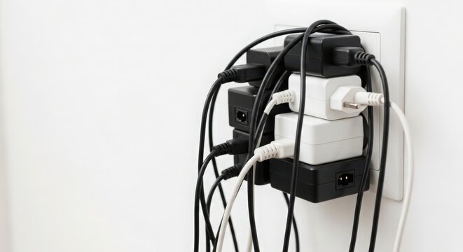Disorganized power strips and tangled cords on white wall creates chaotic charging station environment. Power strips feature multiple plugs and cables creating cluttered appearance.