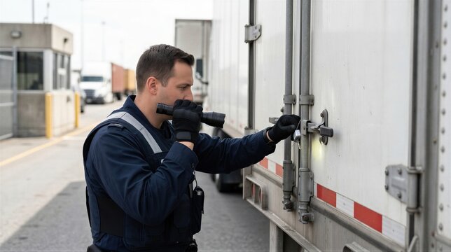 Customs officer inspecting truck cargo at border checkpoint. Man wearing uniform checking trailer lock with flashlight to prevent illegal drug smuggling and contraband import operations.