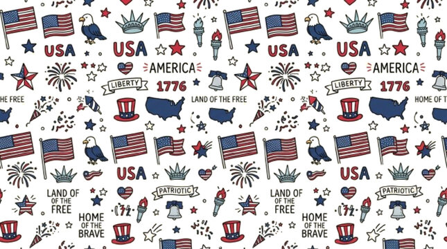 Patriotic scrapbook background, cute minimal USA-themed doodles, clean black outline vector, seamless repeat pattern.

