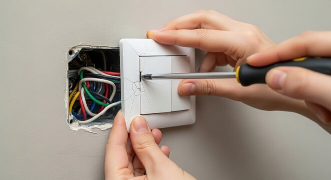 Installing light switch with hands adjusting wires and securing cover plate. Light switch installation includes connecting wires for proper function.