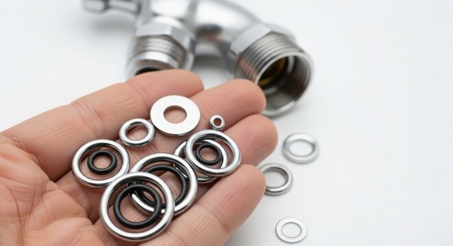 Hand holding various metal washers with faucet in background, showcasing different sizes and types of washers for plumbing. Essential washers assist in plumbing tasks,