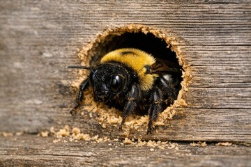 Fototapeta premium A close-up shot of a bee sitting inside a dark, enclosed space