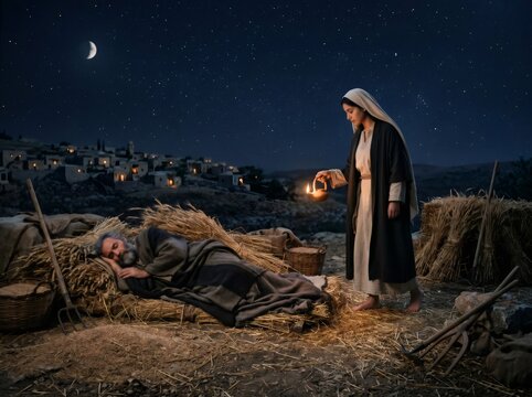 Ruth approaching Boaz sleeping on threshing floor at night