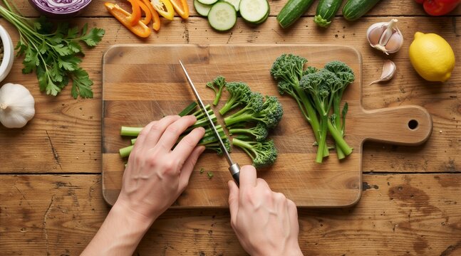 Top view of hands chopping fresh broccolini on a wooden cutting board. Healthy vegetarian meal preparation flat lay with raw vegetables