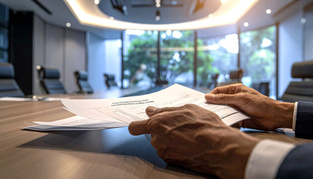 Reviewing Contracts in a Boardroom: Close-up of a businessman's hands holding and reviewing important documents in a modern, sunlit boardroom.