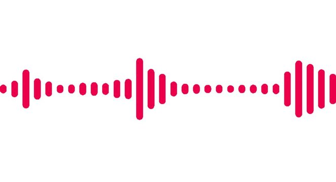 Red audio waveform pulsating with dynamic vertical bars isolated on a white background for digital media interface.